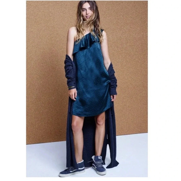 Madewell Emerald Green Silk Dancefloor Polka Dot One Shoulder Dress Size 10 - Picture 3 of 13